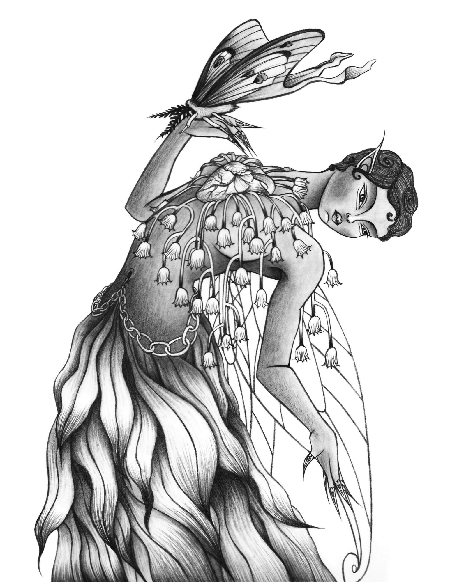 Woman with butterfly wings, wearing a flowing skirt, holding a butterfly, with detailed wings and flowing hair.