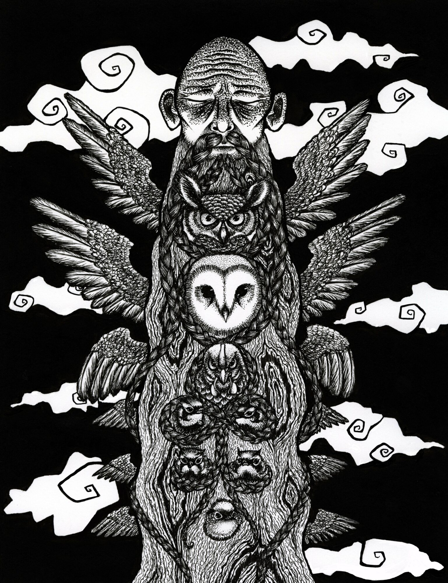 A black and white illustration of a human face with wings, surrounded by owls and clouds, in a detailed style.