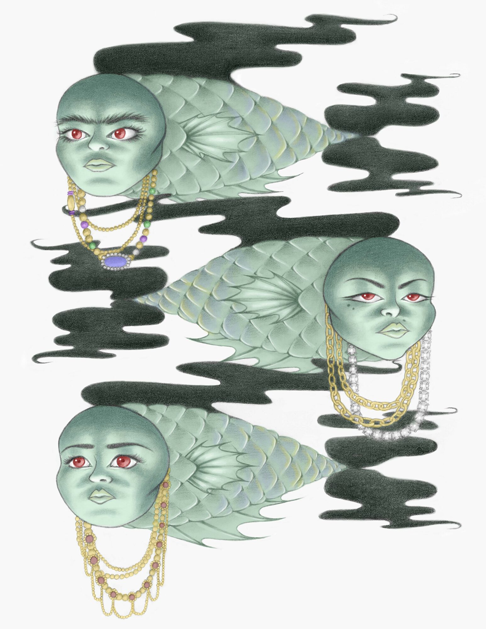 Three human-like faces with fish bodies, wearing necklaces, surrounded by black cloud-like shapes, on a white background.