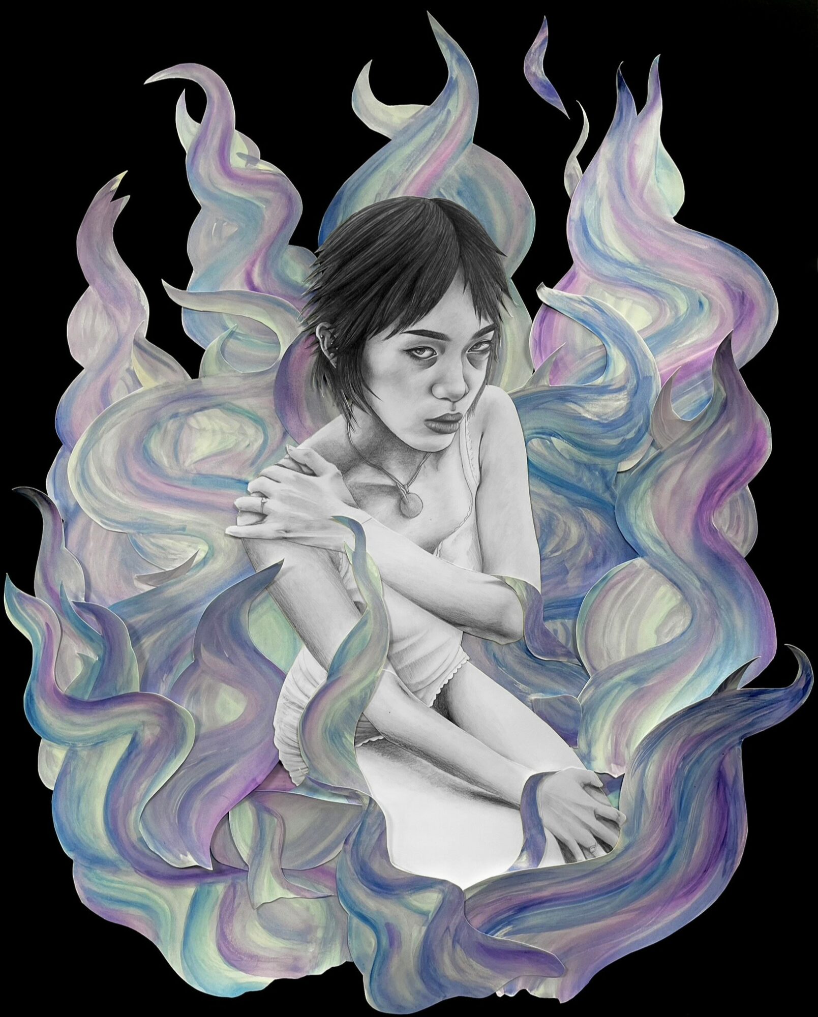 Black and white drawing of a woman surrounded by colorful, swirling abstract shapes against a black background.