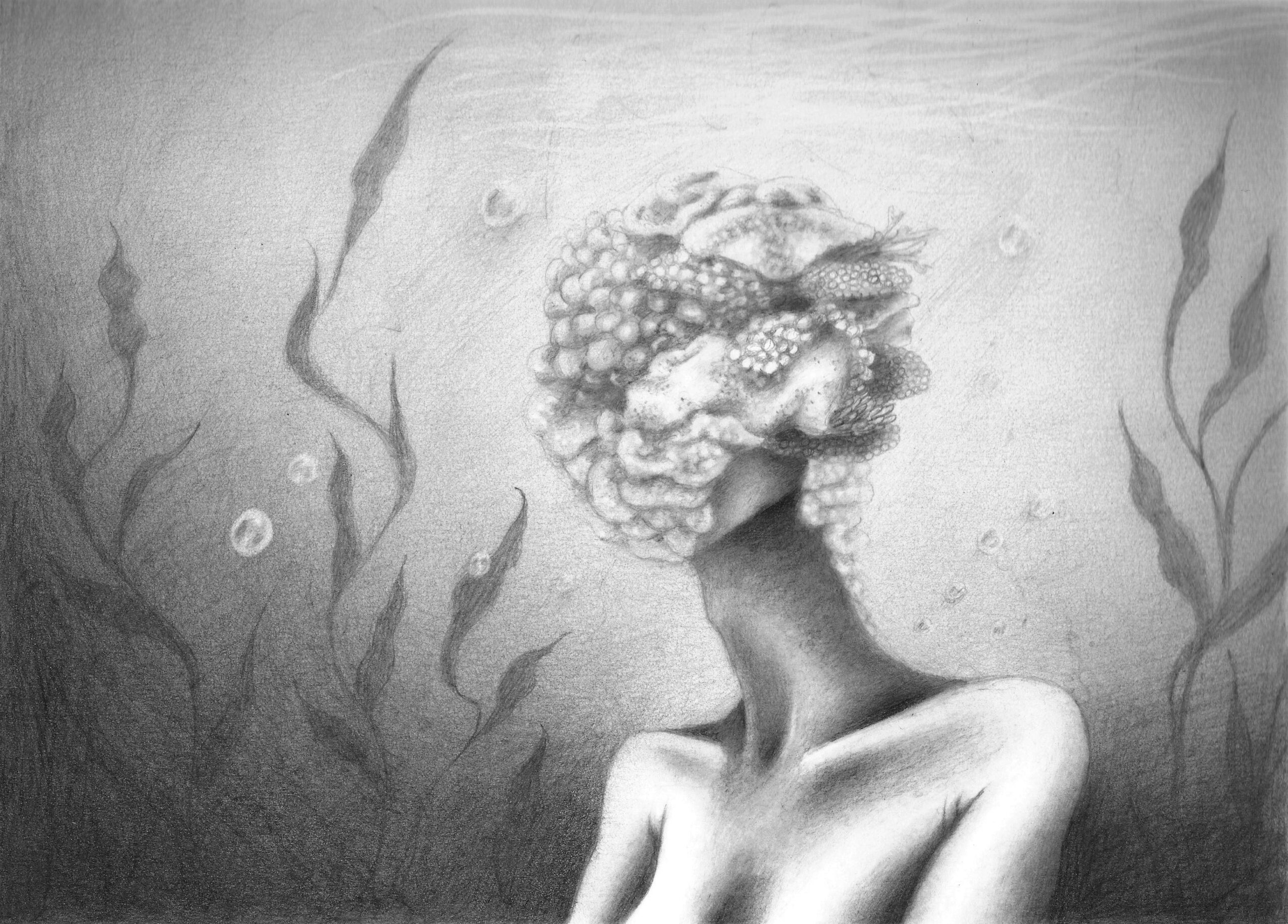 A surreal drawing of a person with a head made of coral and bubbles, underwater plants in the background.
