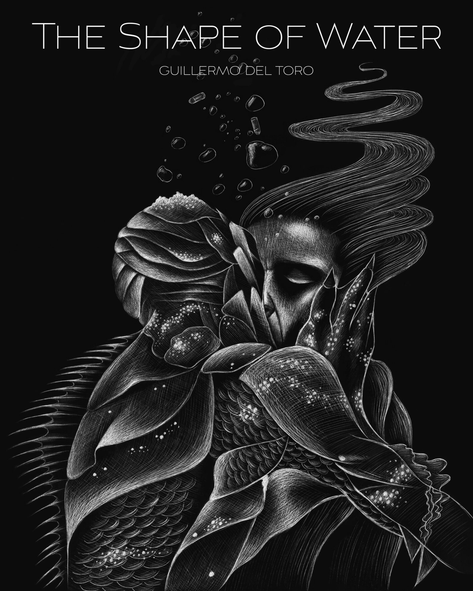 Black and white illustration of a woman with water and fish elements, with text 'The Shape of Water' and 'Guillermo del Toro'.