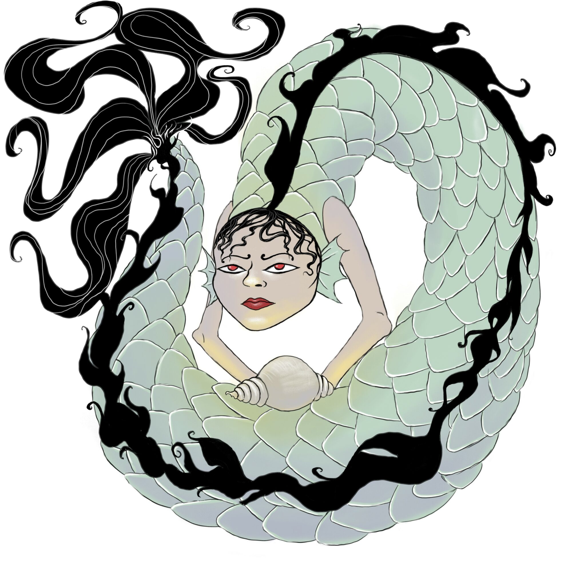 A woman with long black hair and a snake body, holding her head with both hands, surrounded by black tendrils.