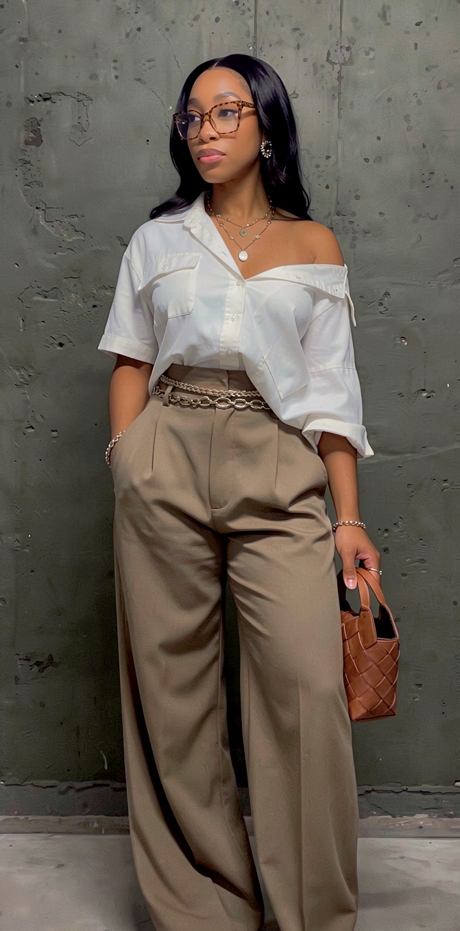 Woman with glasses in white off-shoulder blouse and beige high-waisted pants holding a brown bag against a concrete wall.