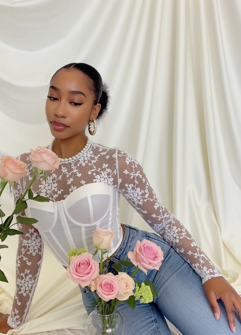 Young woman with dark hair in a bun, wearing a lace top, sitting with a bouquet of pink roses, cream curtains behind her.