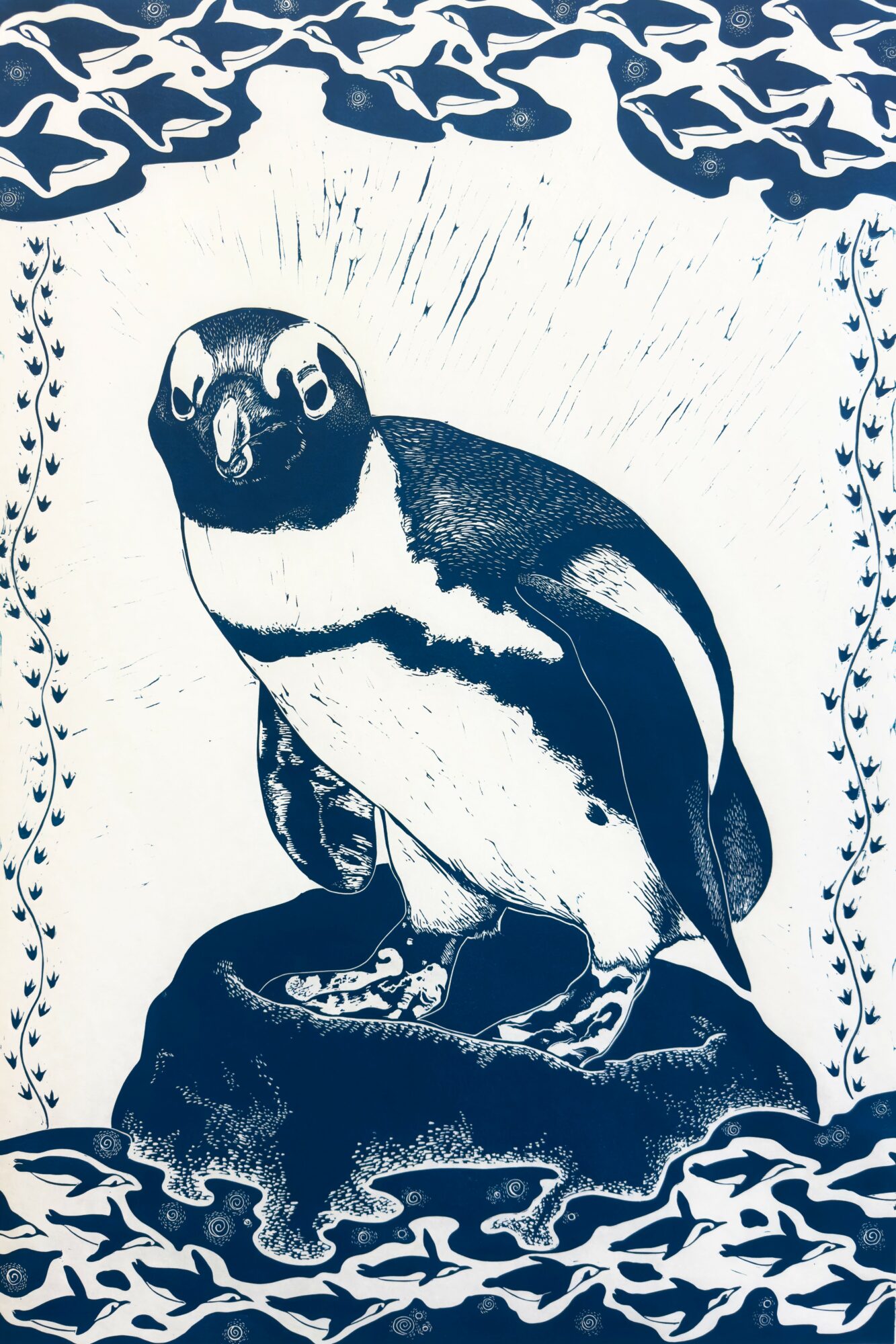Penguin standing on a rock, surrounded by decorative border and rays emanating from behind its head.