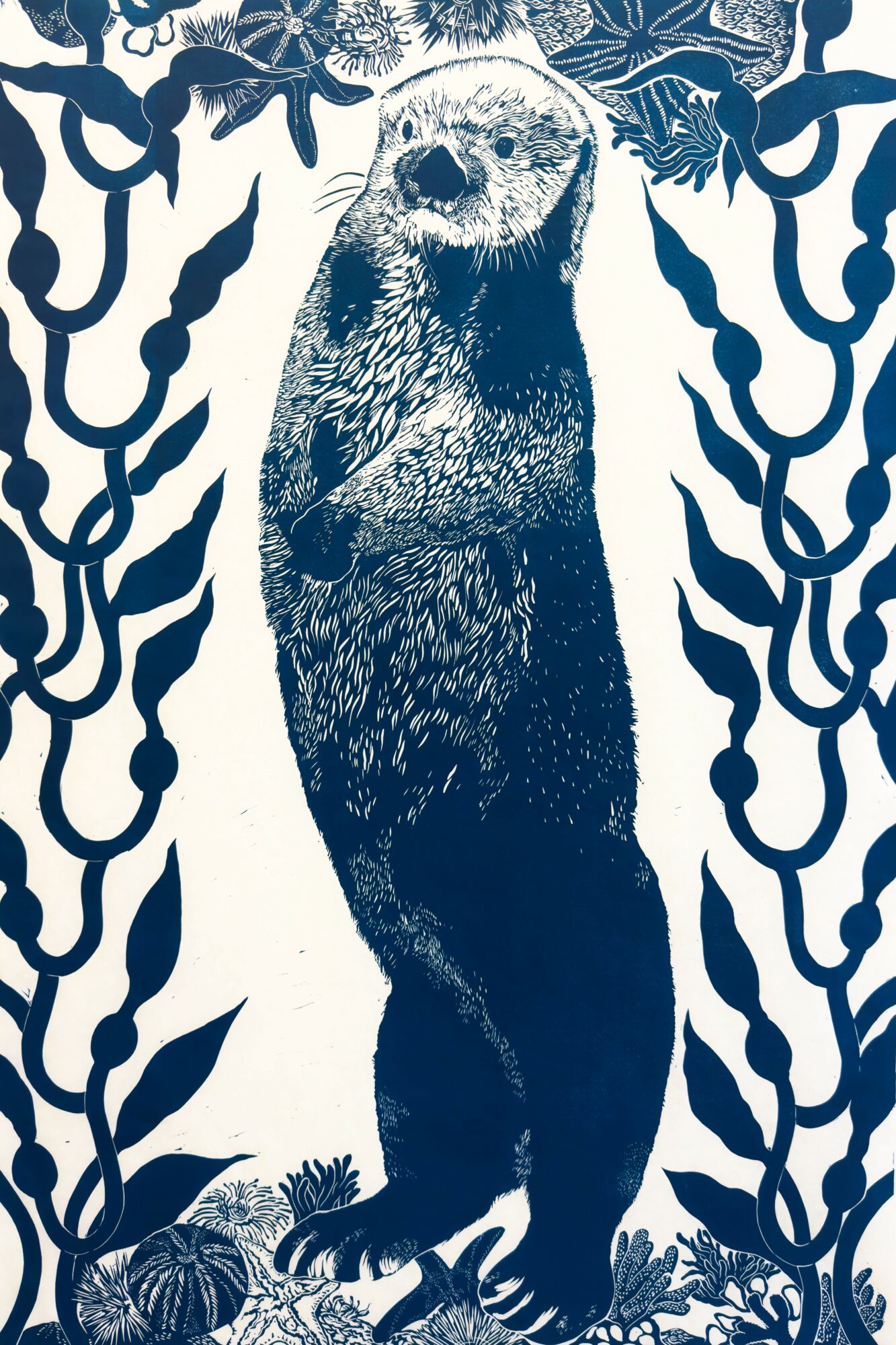 A detailed illustration of a standing otter surrounded by decorative plant patterns in blue and white.
