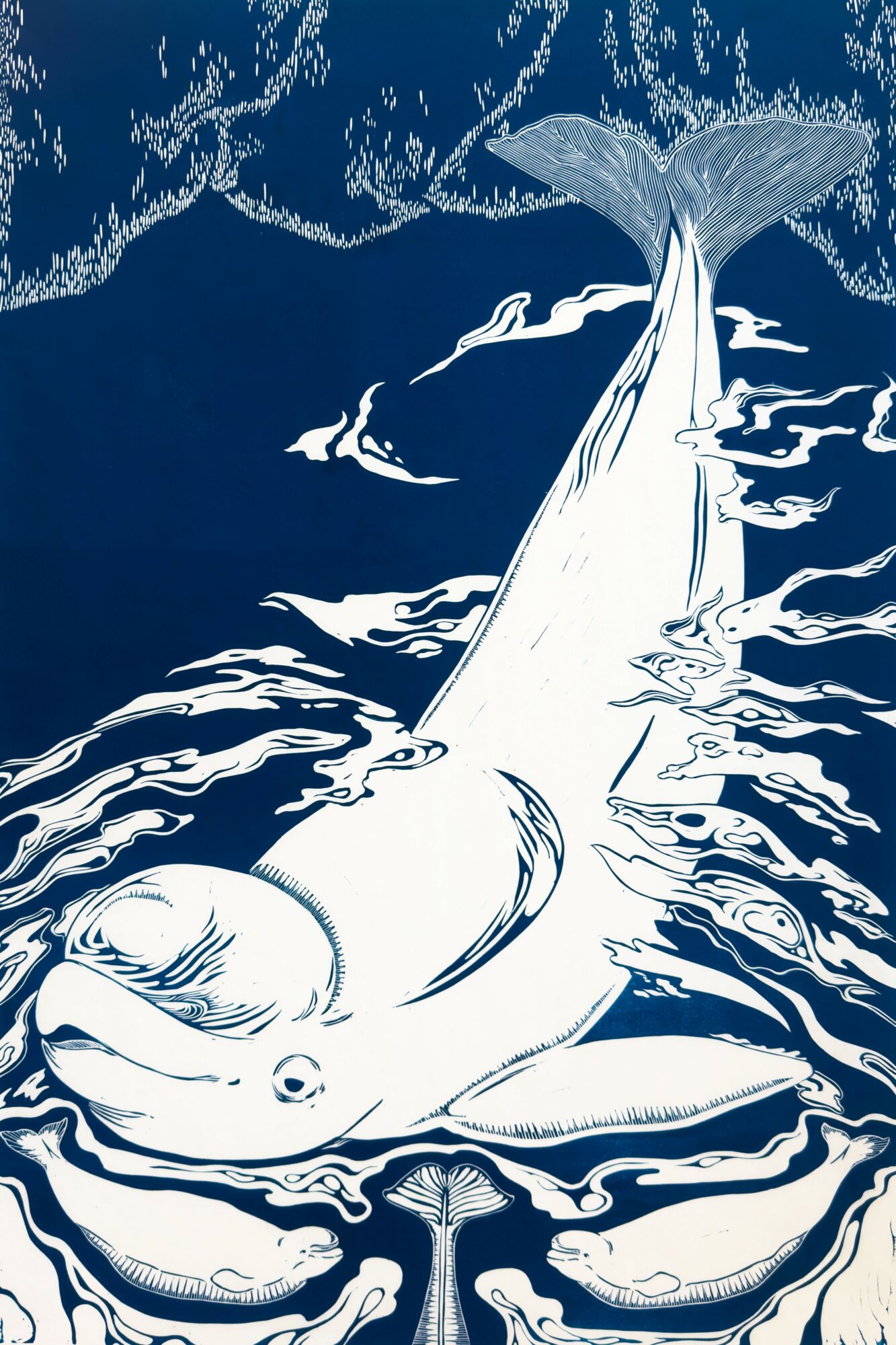 A large fish with a prominent tail swims in water with detailed ripples and reflections.