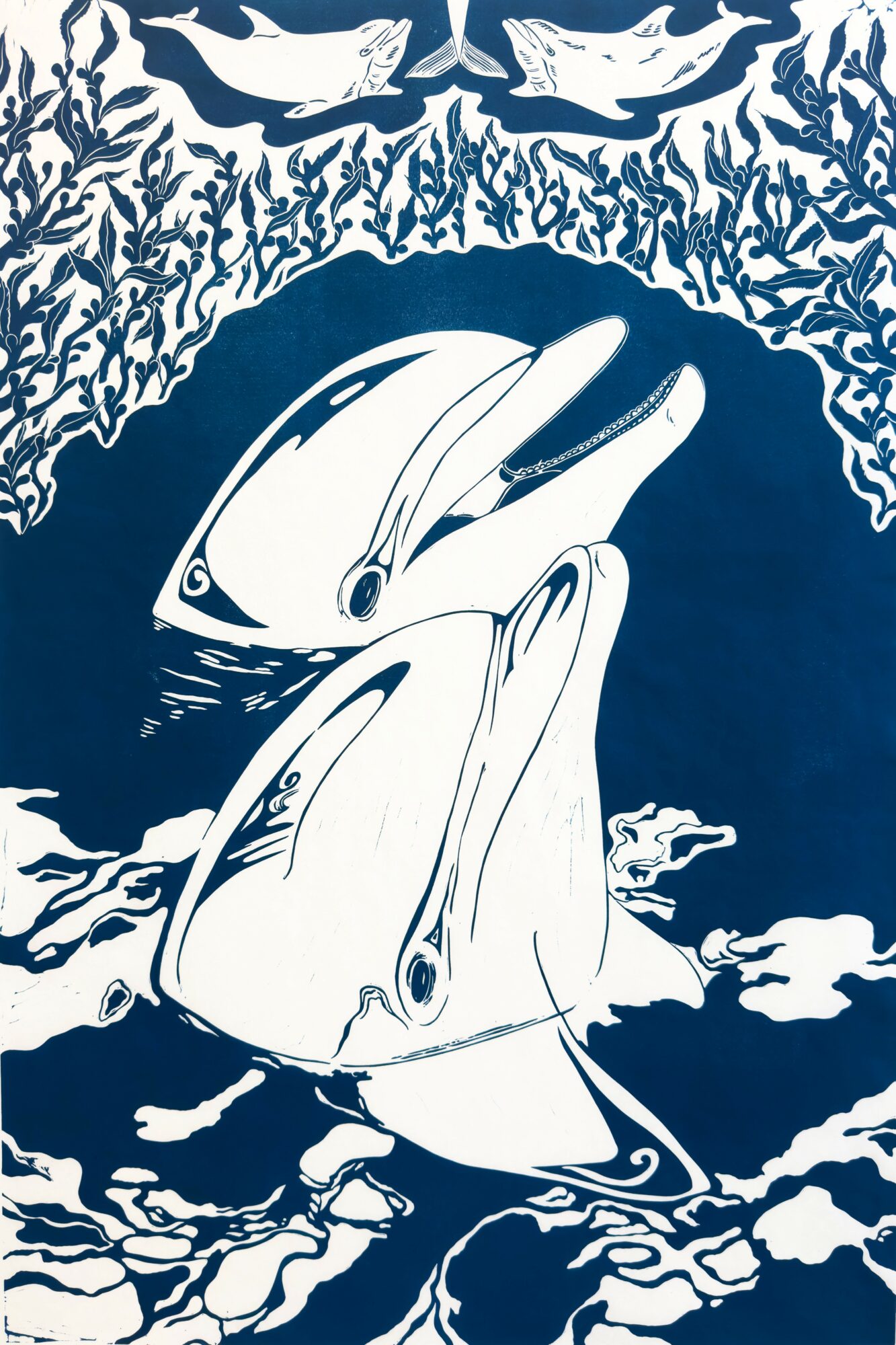 Two whales breach water with waves and clouds in background, surrounded by fish and aquatic plants.