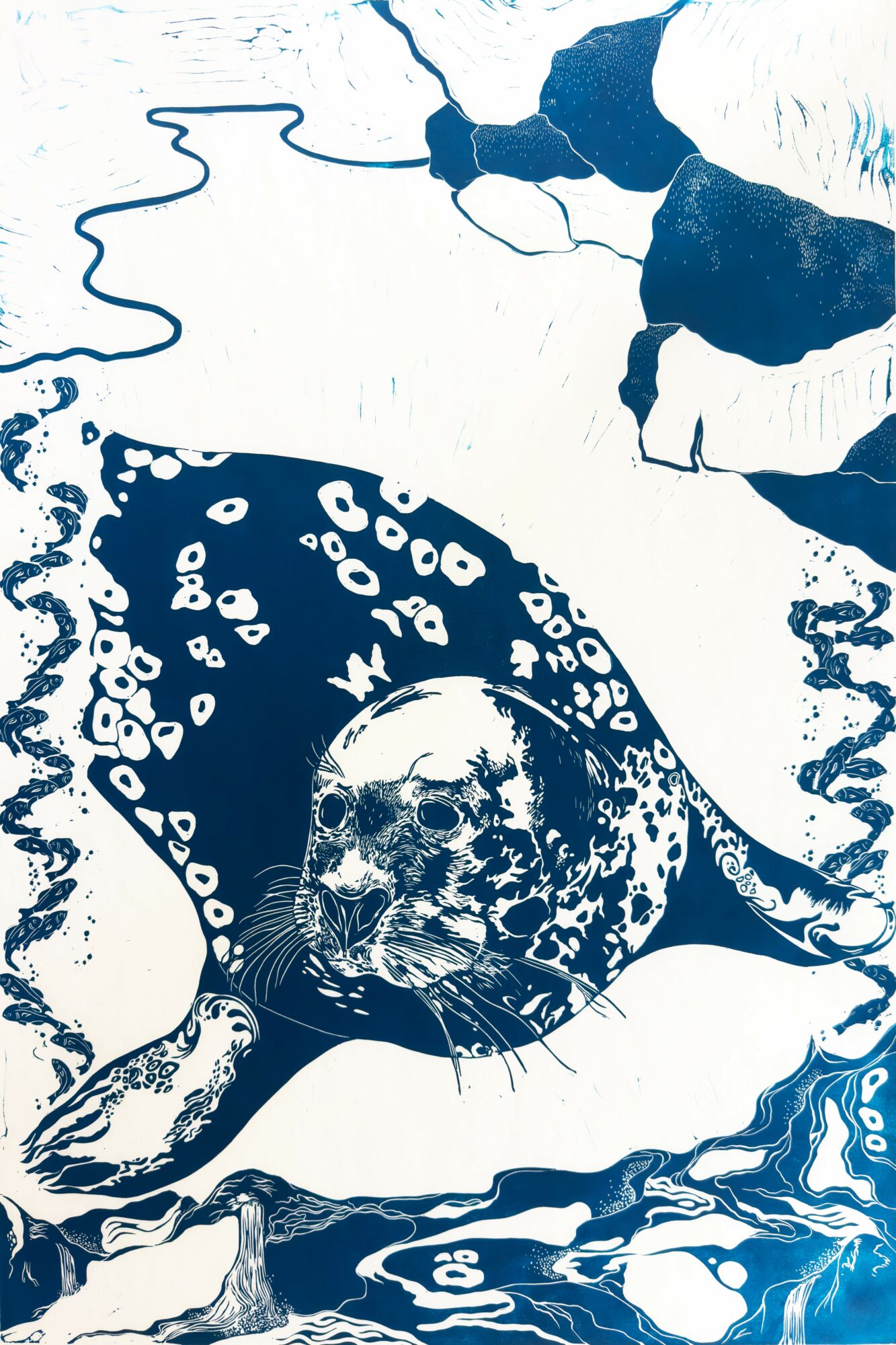 A detailed illustration of a large feline with a skull-like face, surrounded by abstract patterns and flowing shapes.