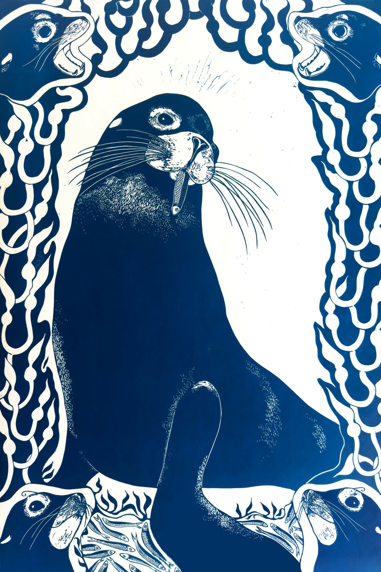 Seal surrounded by ornate, stylized decorative border with intricate patterns, in blue and white colors.