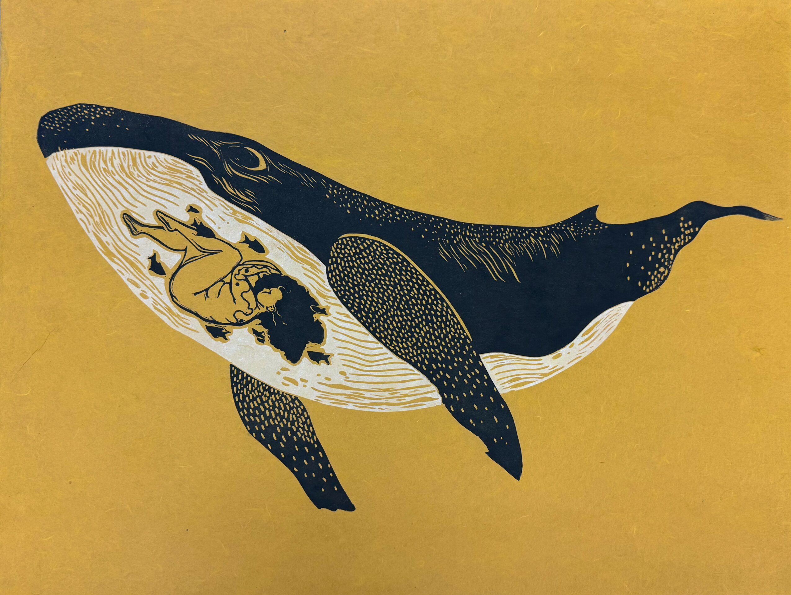 Illustration of a whale with a person inside its body, set against a yellow background.