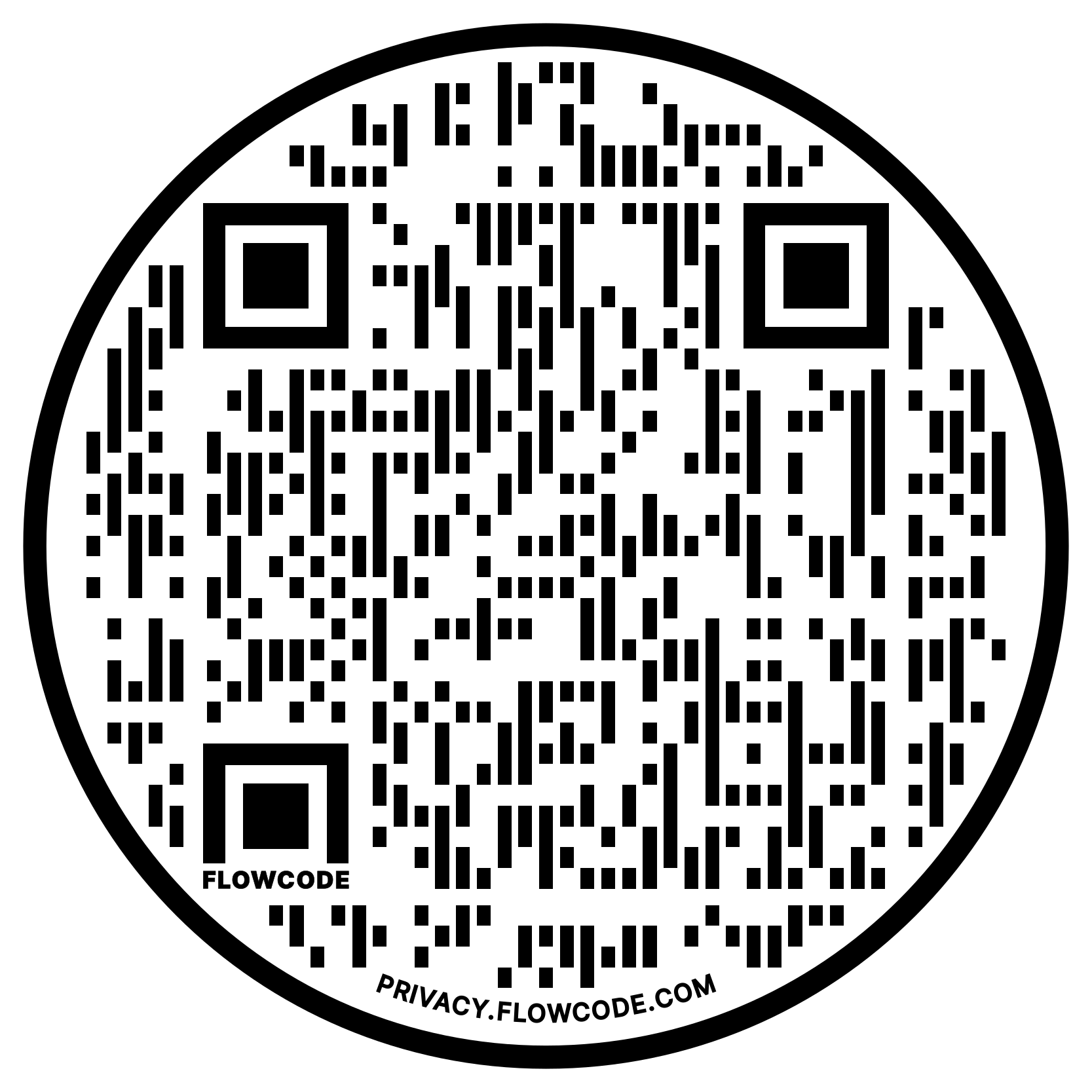Black and white QR code with circular shape and small text at bottom.