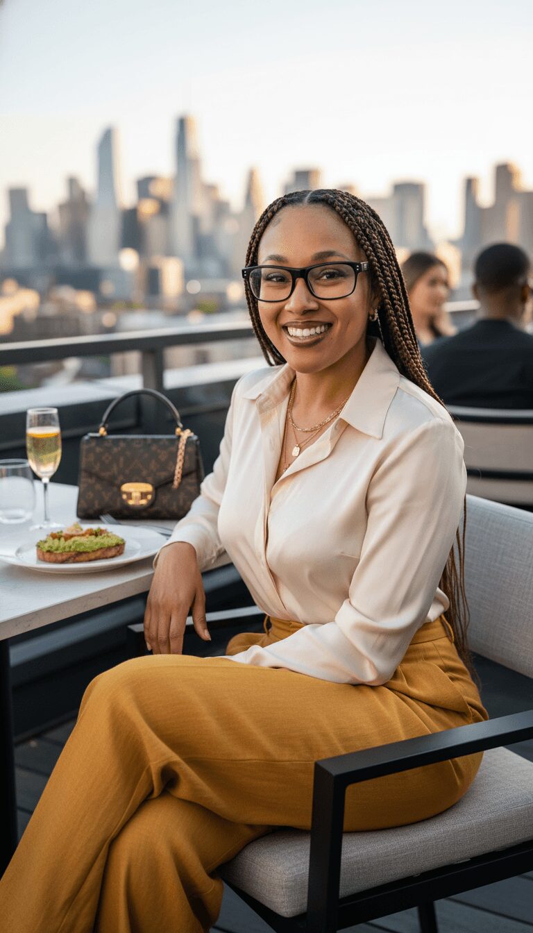 Woman with glasses smiling, sitting at outdoor table with city skyline in background, drink and food on table.
