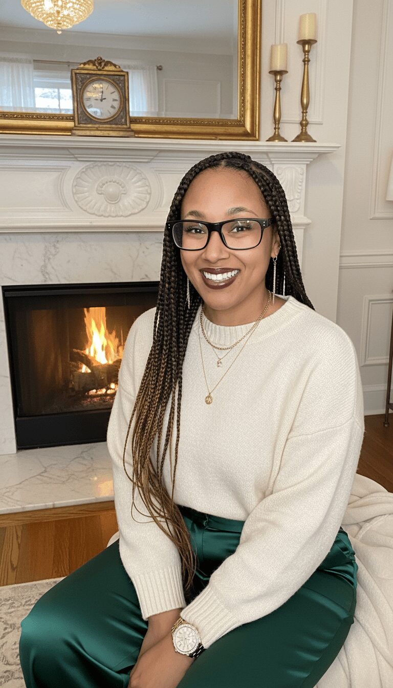 Smiling woman with glasses and long braids sitting near a fireplace, wearing a cream sweater and green pants.