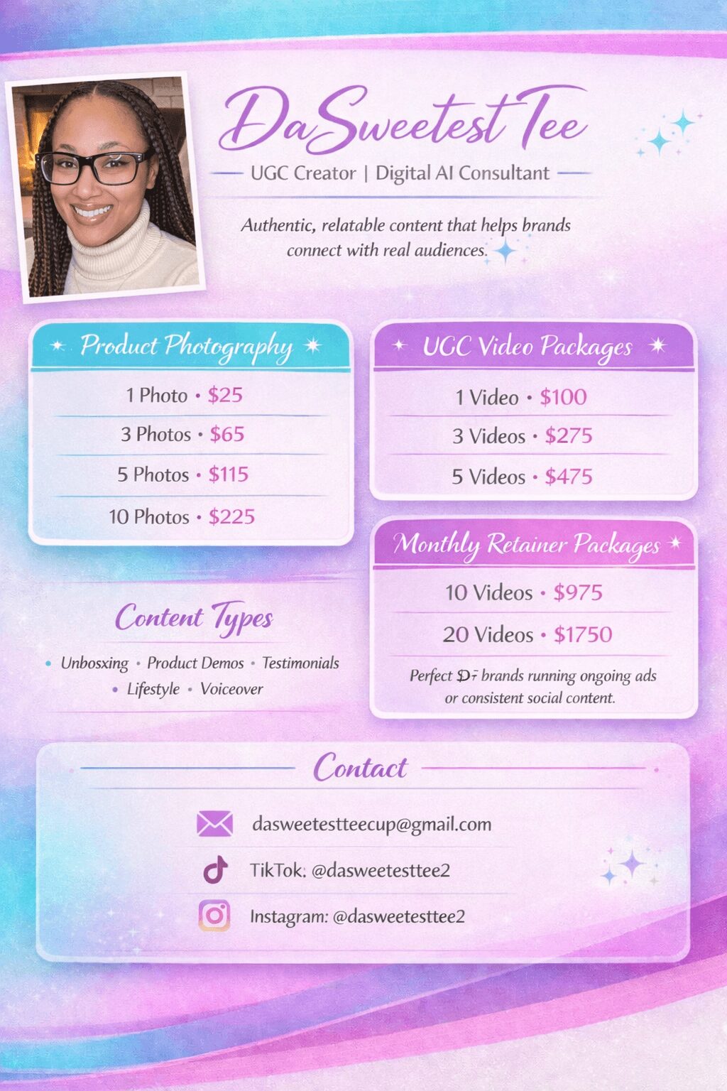 Business card for Da Sweetest Tee with contact info, product packages, and content types in purple and pink colors.