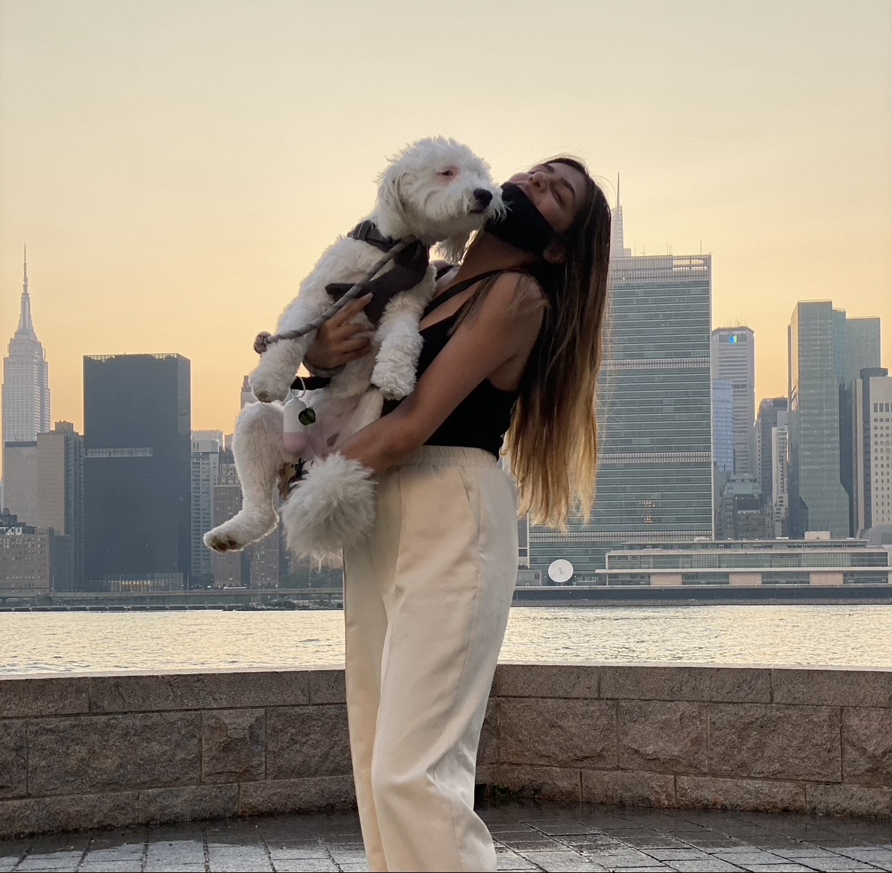 Woman holding a dog near a city skyline at sunset, with tall buildings in the background.