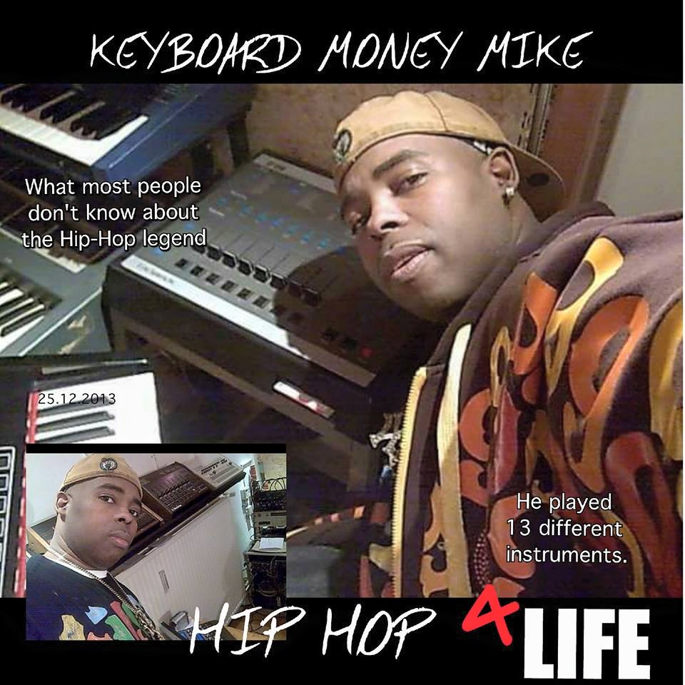 Person wearing a cap and hoodie, sitting at a keyboard, with text about hip-hop legend and instruments, in a collage.