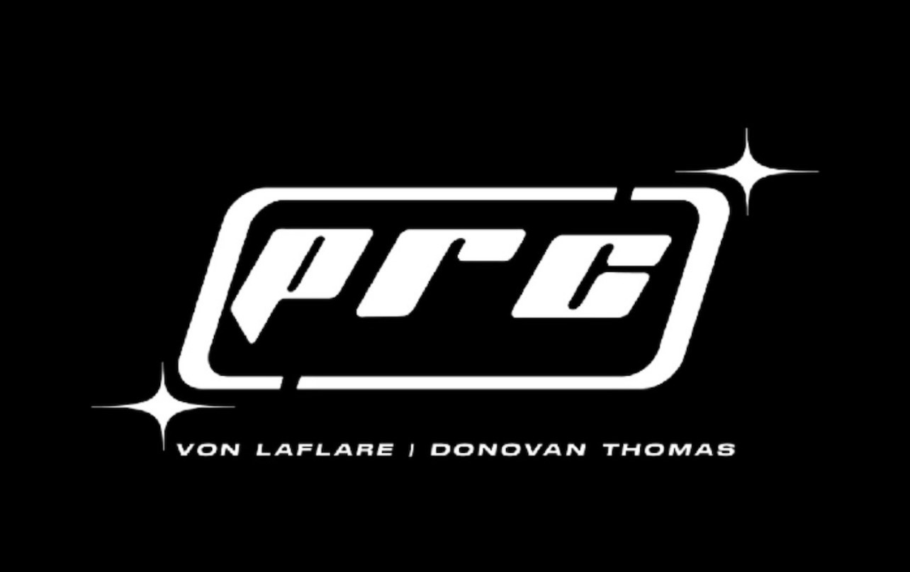 Black background with white logo reading 'PRC' and names 'Von LaFlare | Donovan Thomas' below.