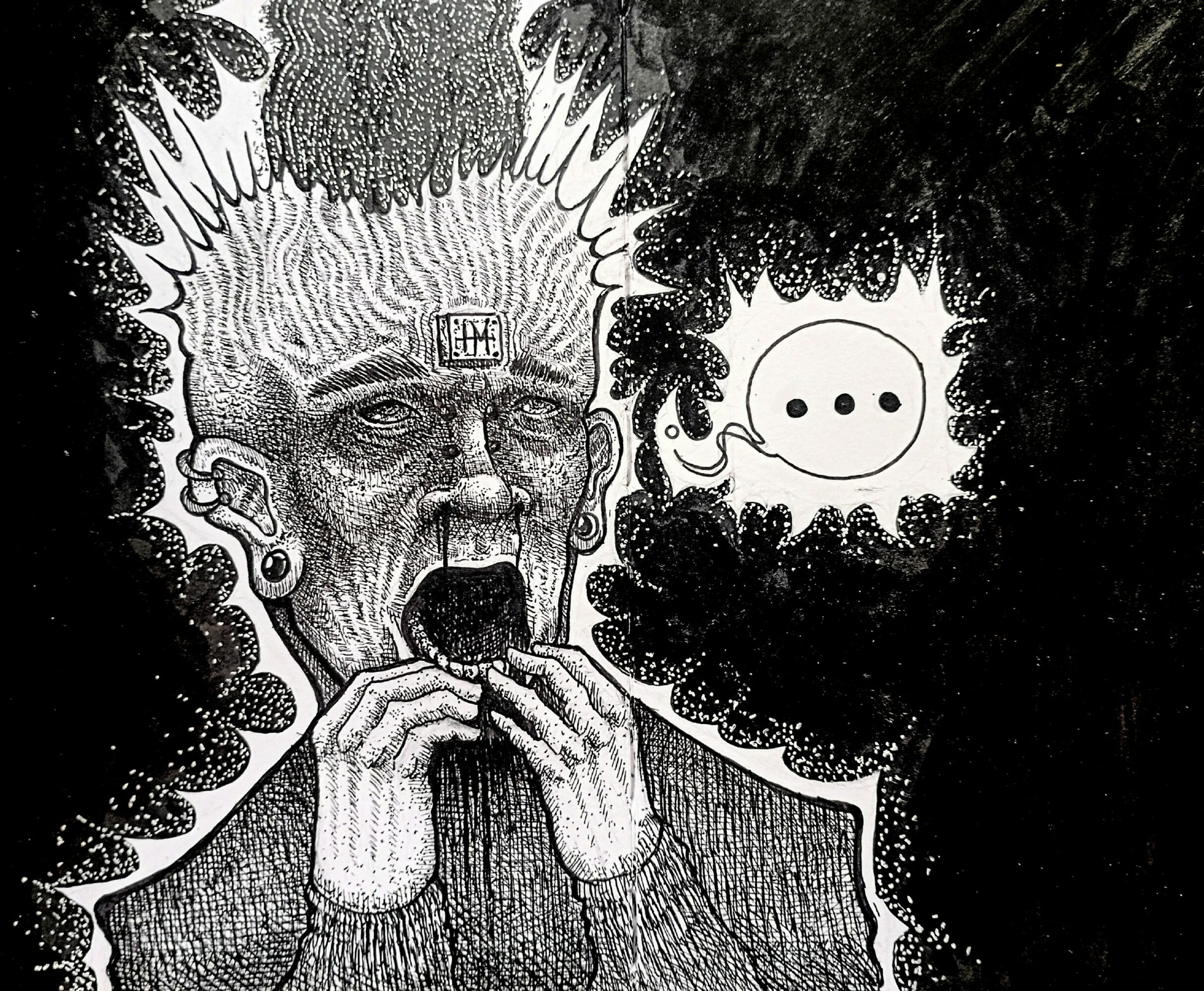 Black and white drawing of a person with spiky hair and an open mouth, with a speech bubble containing three dots.