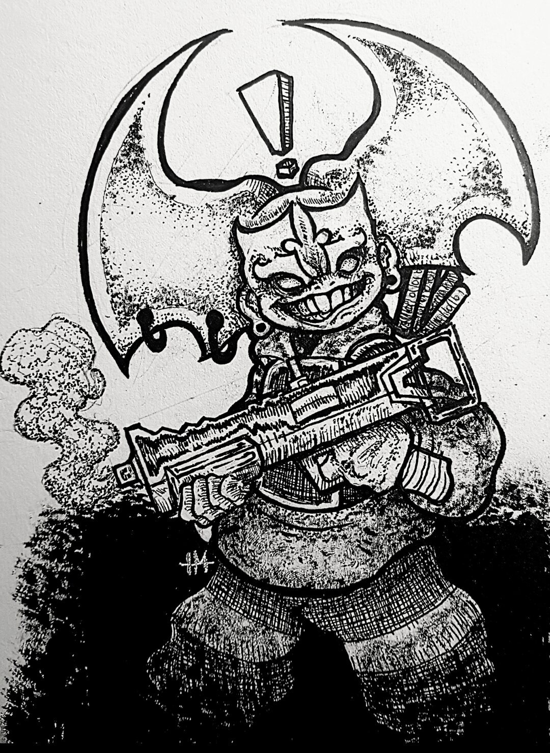 Cartoon character with large bat-like wings, holding a large gun, smiling, with a mischievous expression.