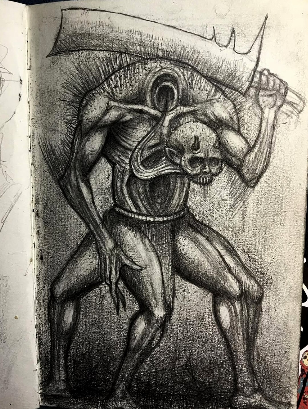 Sketch of a muscular humanoid creature with a pig's head, holding a large sword, in a dynamic pose.