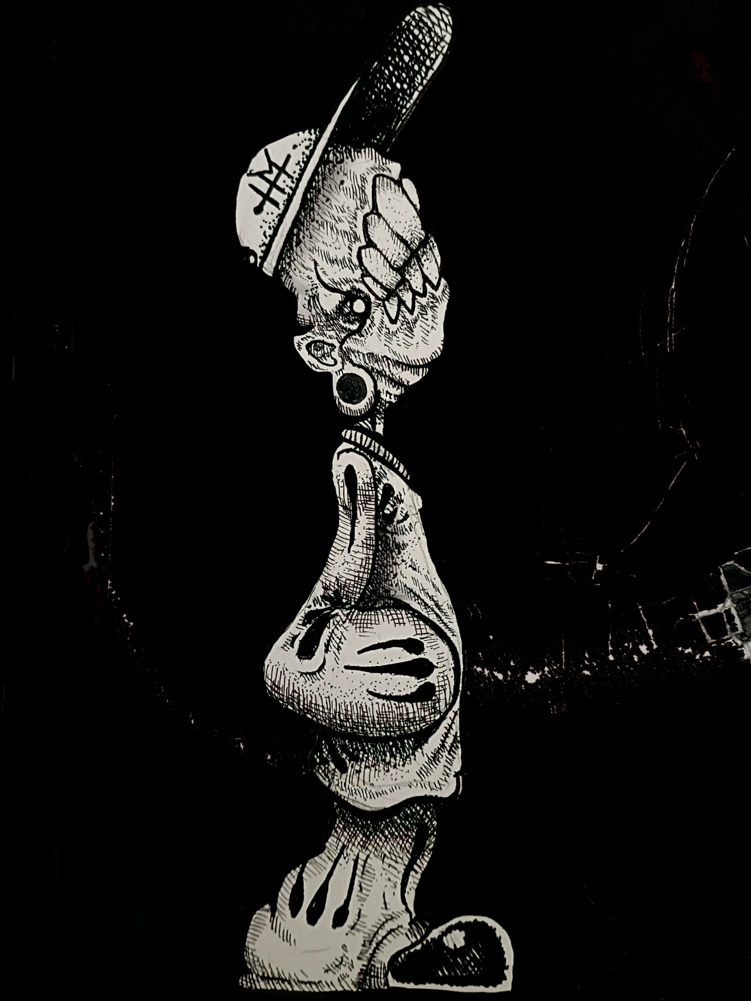 Black and white illustration of a hand holding a microphone, with a reflection below, on a dark background.