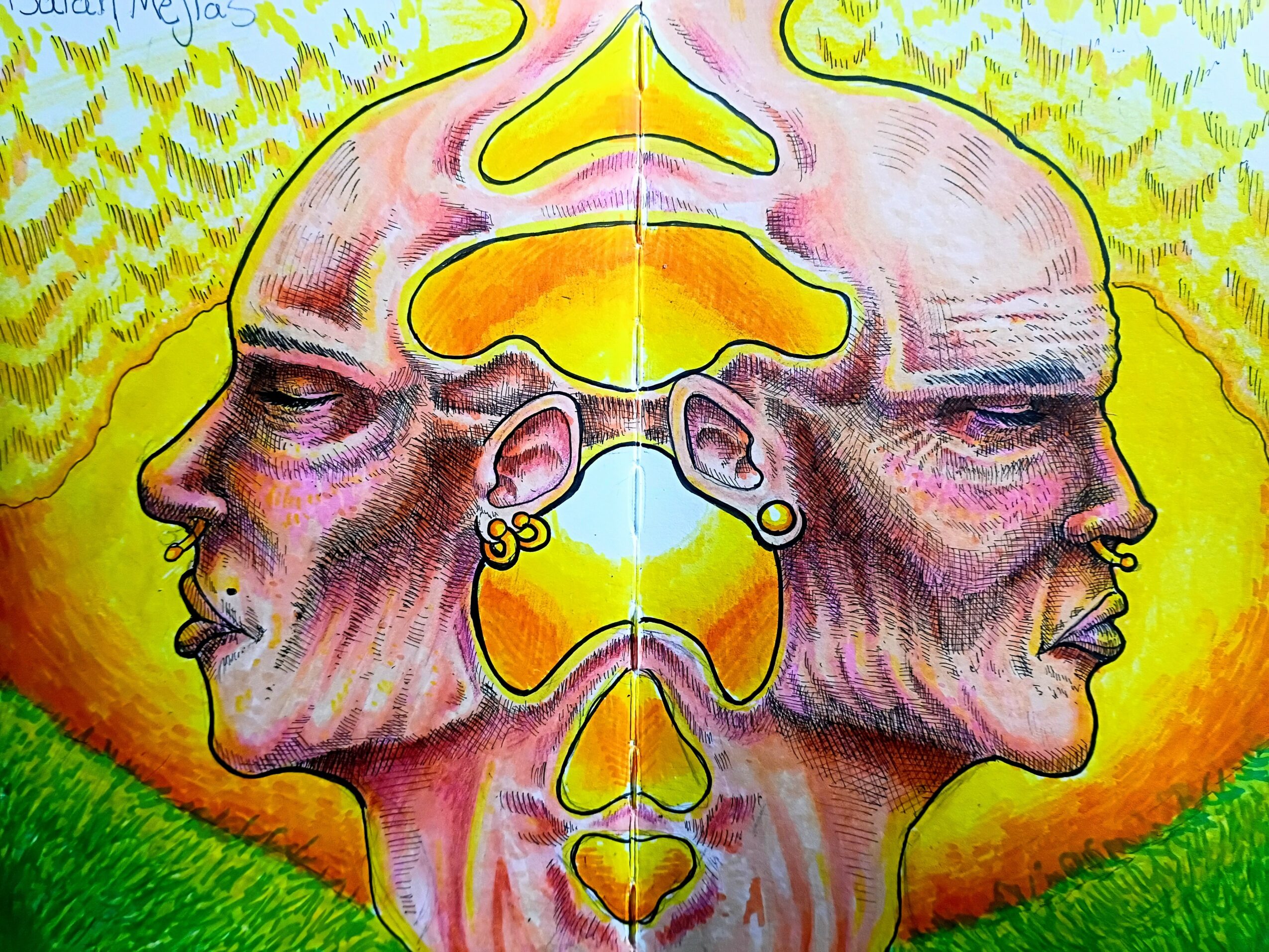 Two faces in profile facing opposite directions, connected by a shared skull structure, with vibrant yellow, pink, and green background.