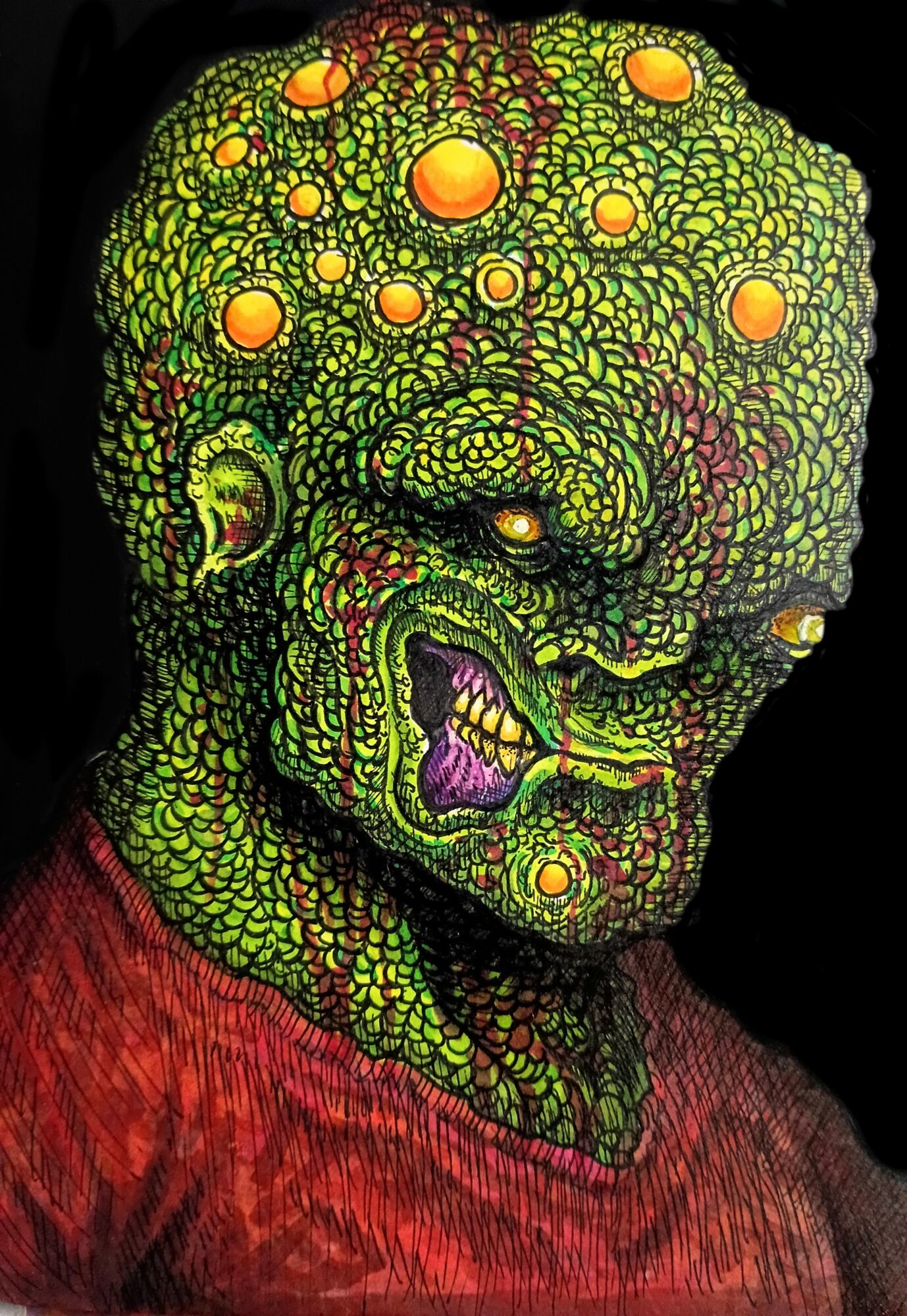 A creature with a green, textured face covered in yellow-orange bumps, with a menacing expression and a red shirt.