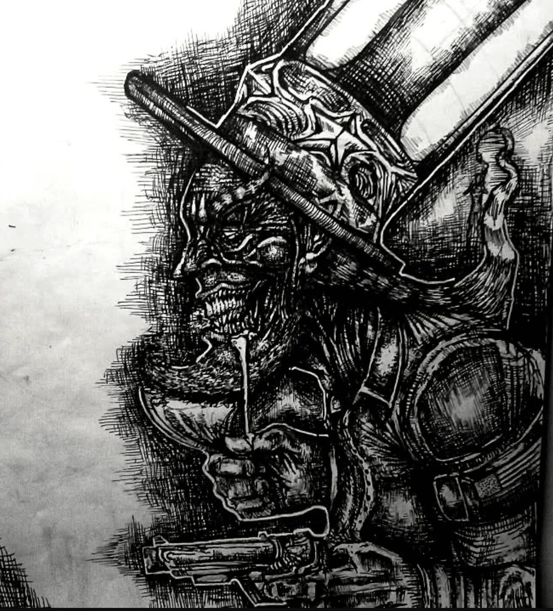 Dark illustration of a sinister figure with a top hat, holding a gun, with a grim face and a smaller face below.