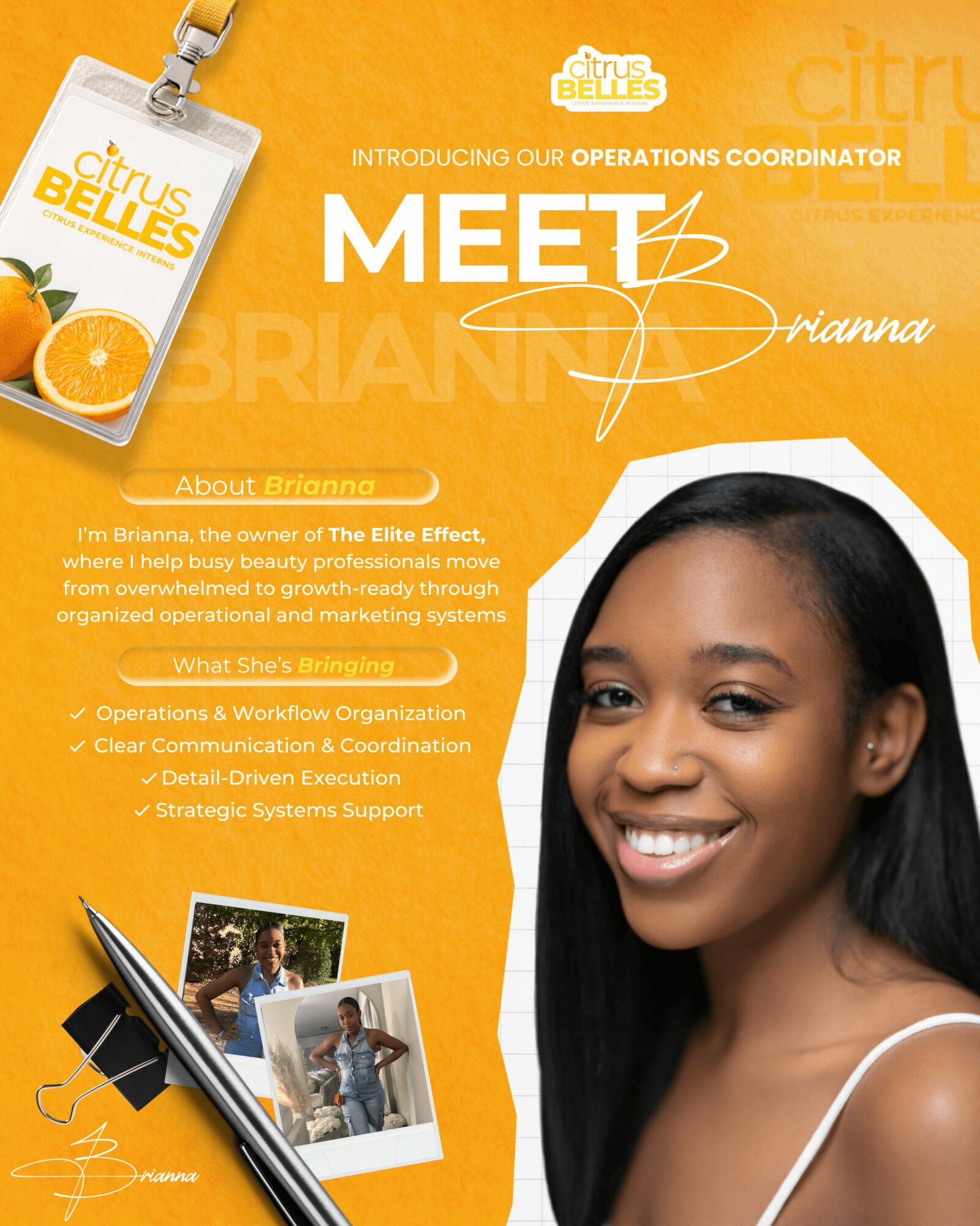 Smiling woman with long black hair, promotional poster background in orange, featuring photos, text, and graphics about Brianna's role.