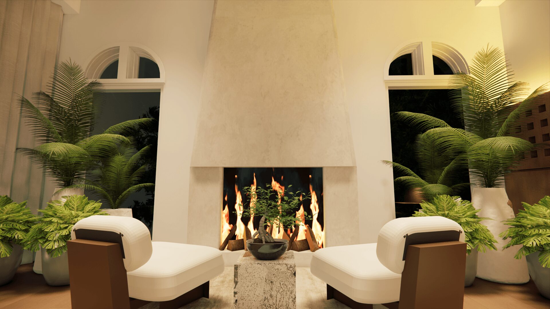 Living room with fireplace, two white chairs, and large potted plants on each side.