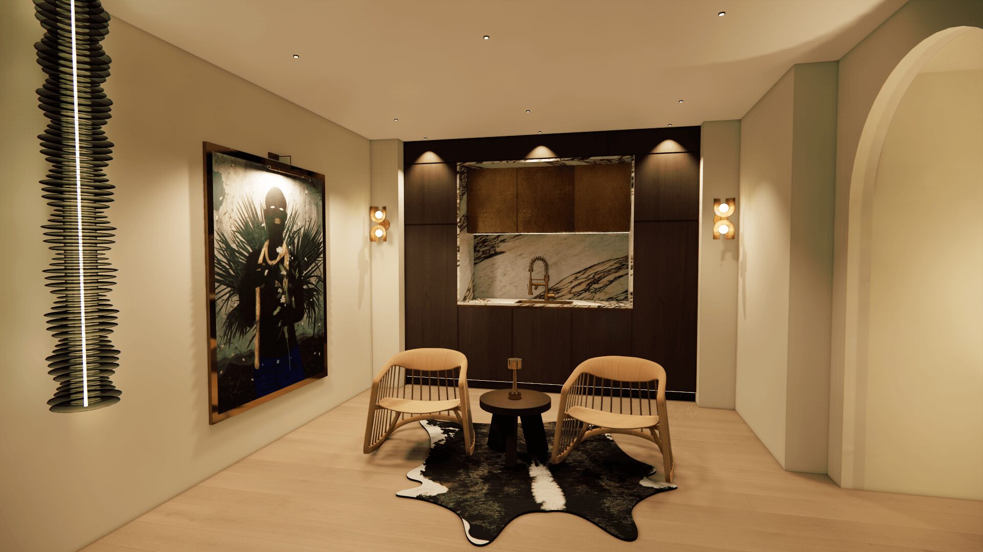 Living room with two chairs, a small table, a cowhide rug, and wall-mounted lights, with a mirror and artwork on the walls.