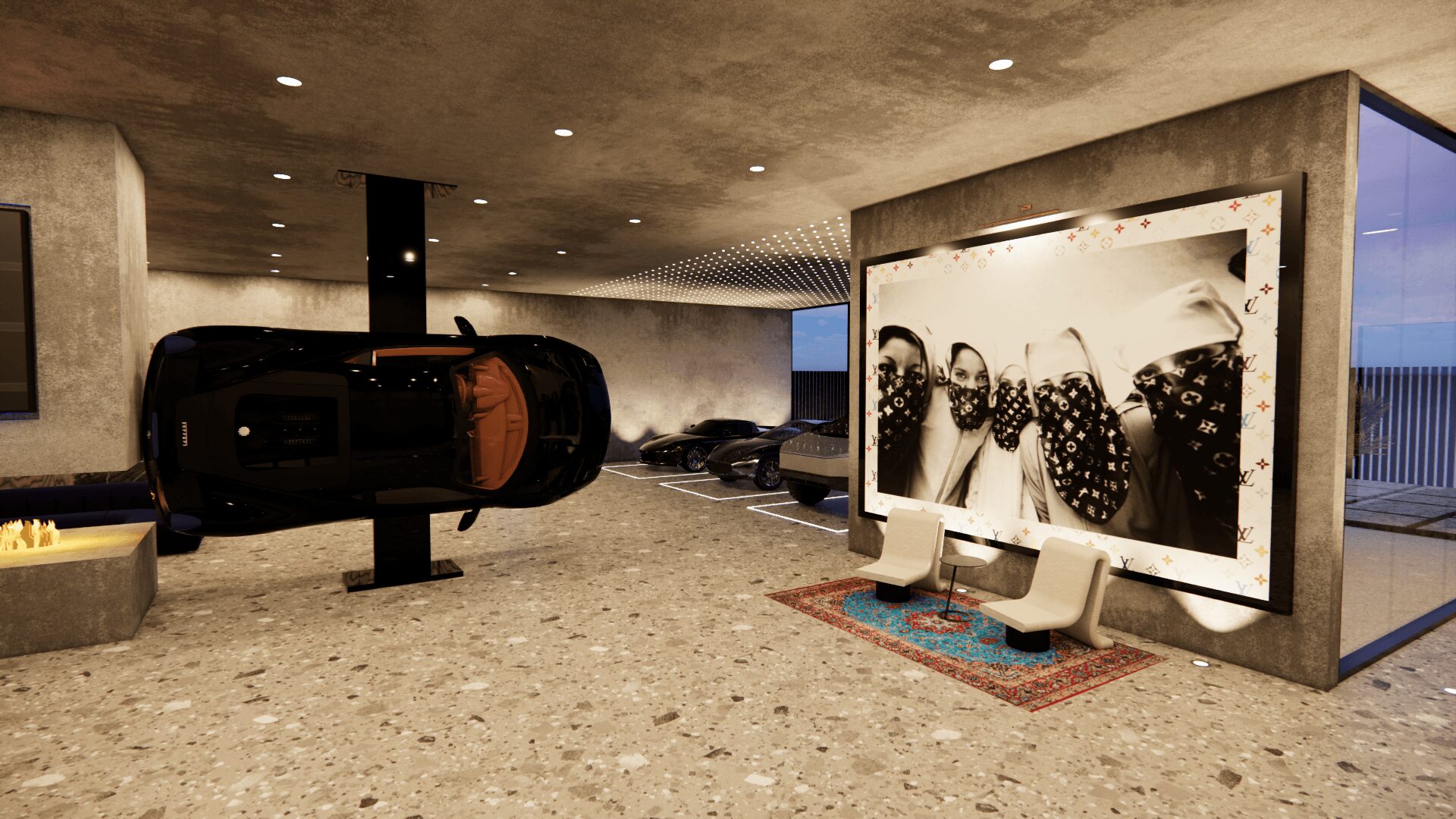 Upside-down black car inside a modern room with a large black-and-white photo of women, chairs, and a rug.