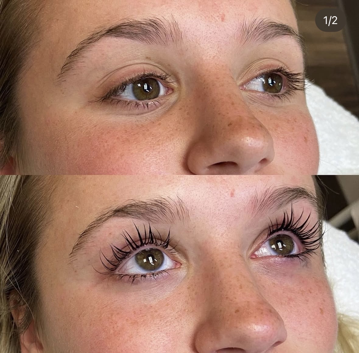 Close-up of a person's face showing before and after eyelash enhancement, with natural and curled eyelashes.