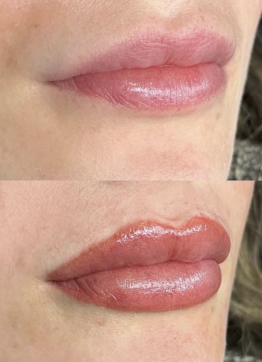 Close-up of lips before and after lip gloss application, showing fuller, shiny lips in the second image.
