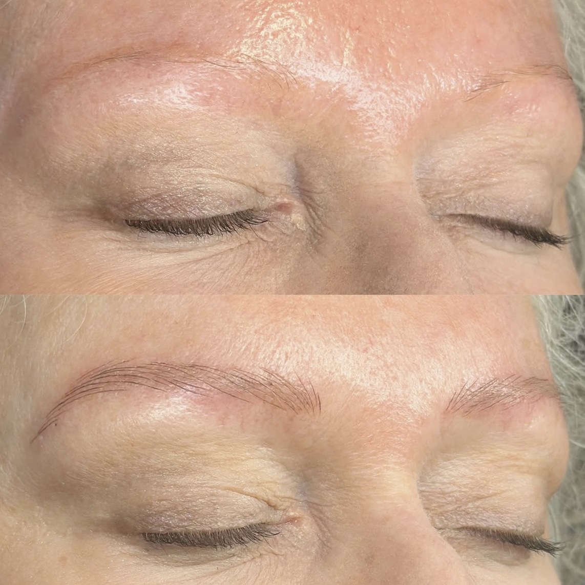 Close-up of closed eyes showing before and after eyebrow enhancement, with visible skin and eyebrow changes.