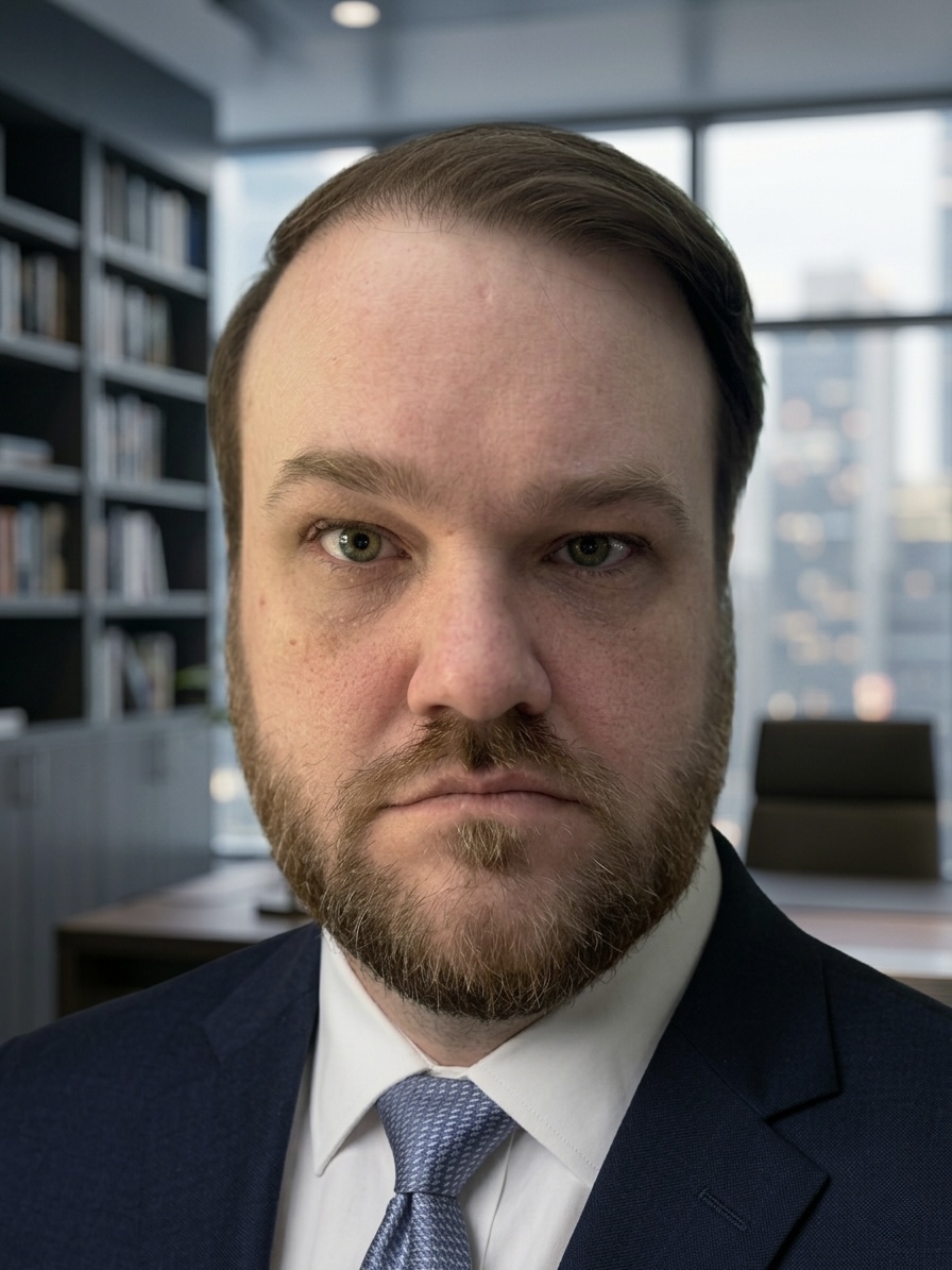 Man with beard and suit in office with bookshelves and windows in background.