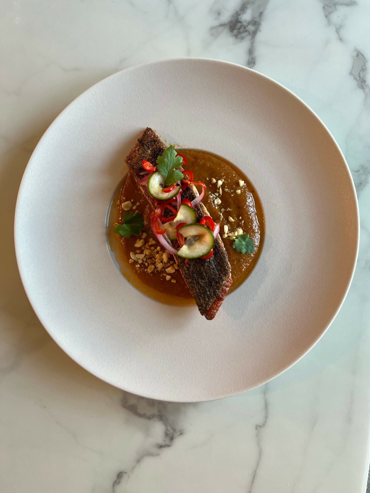Dish with a piece of cooked meat, garnished with herbs, vegetables, and sauce, on a white plate.
