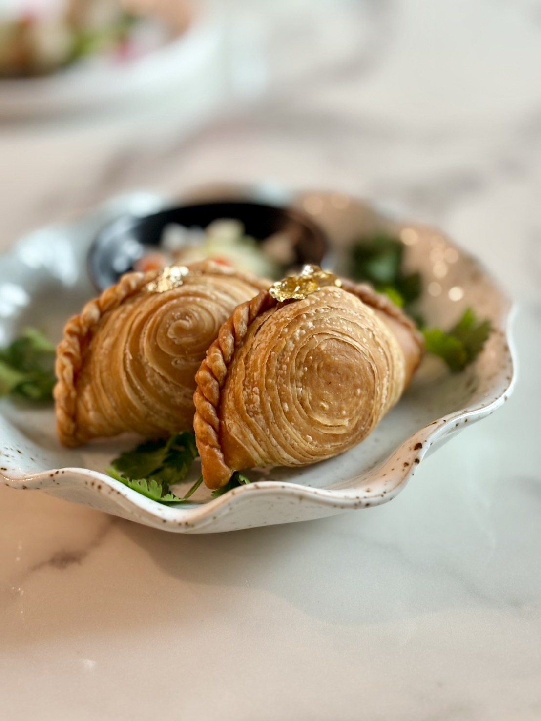 Two golden-brown pastries on a white plate with green garnish and a small dish of dark sauce in the background.