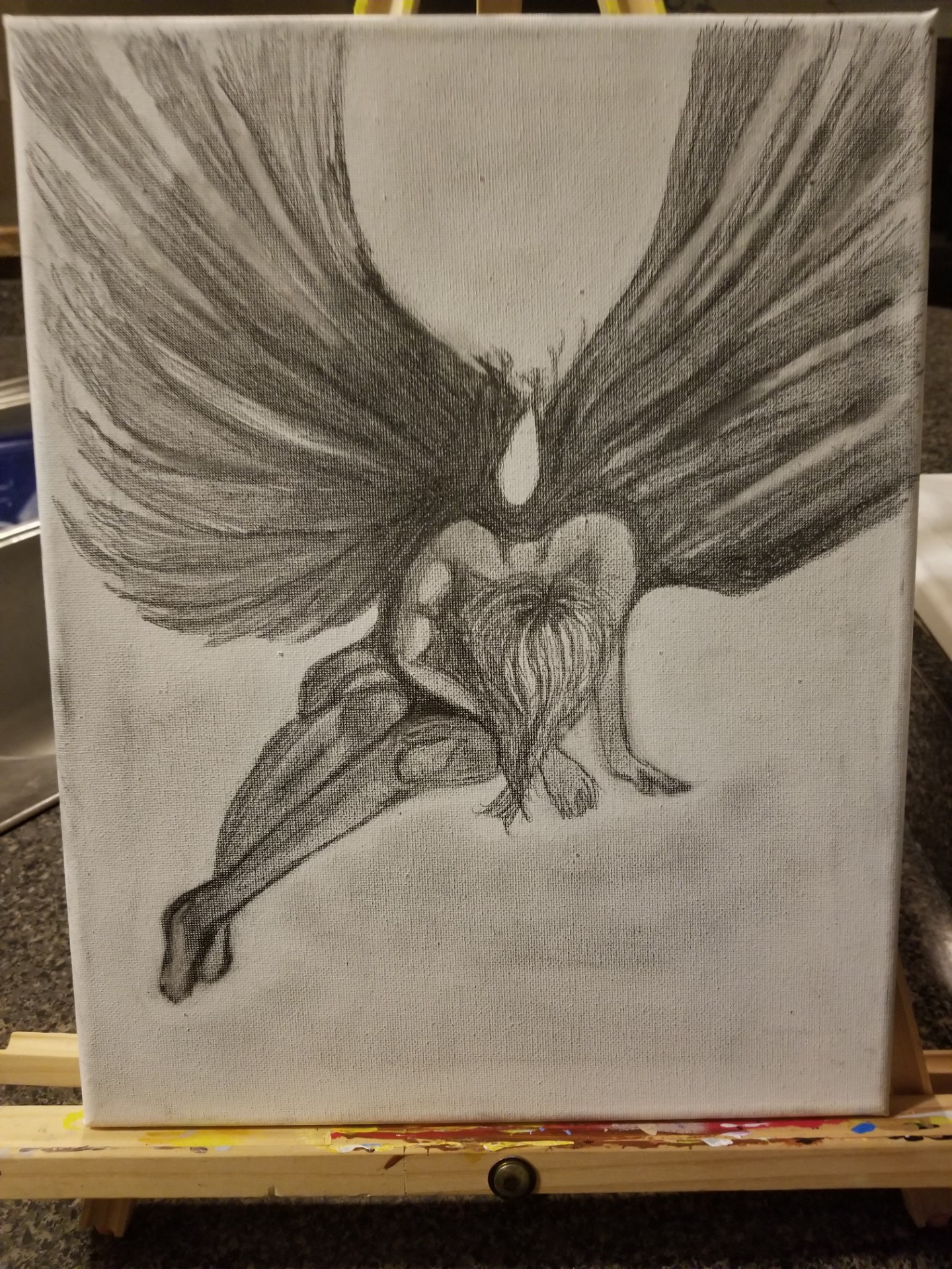 Sketch of a bird with large wings, perched on a branch, with detailed feathers and a prominent beak.