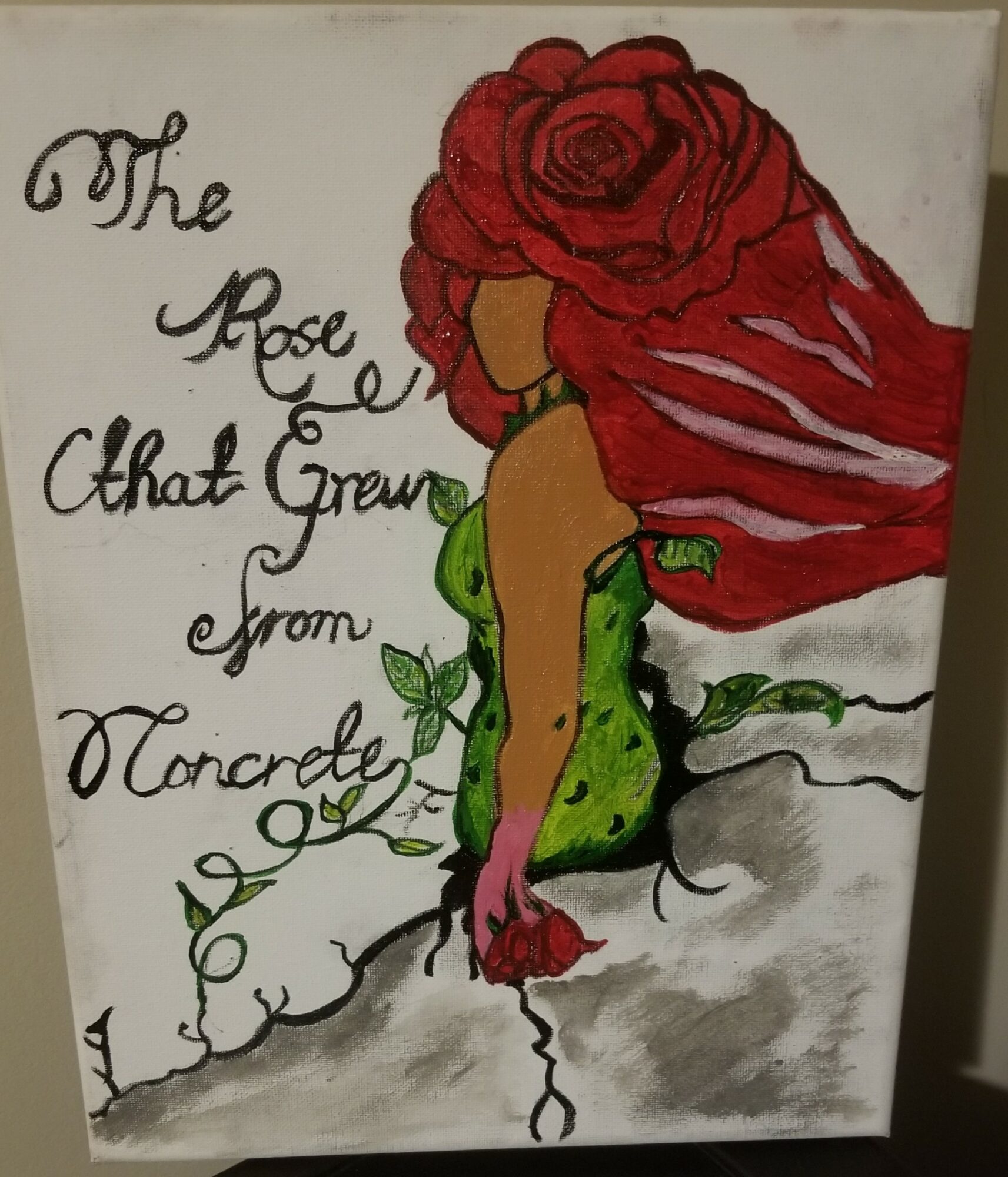 A girl with a rose head and green dress holding a rose, with handwritten text on the left side.