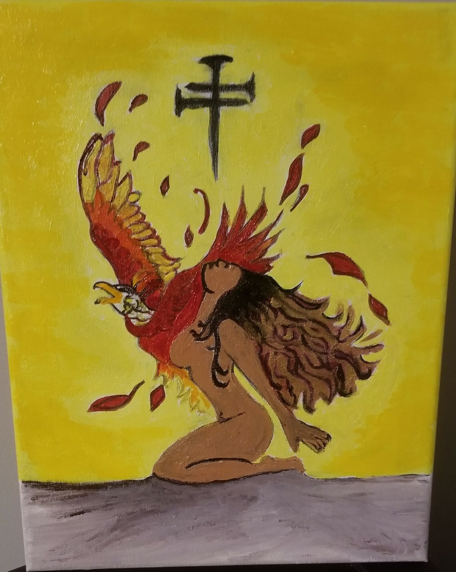 Kneeling woman with long hair and a red and orange bird with wings spread, surrounded by falling leaves, yellow background.