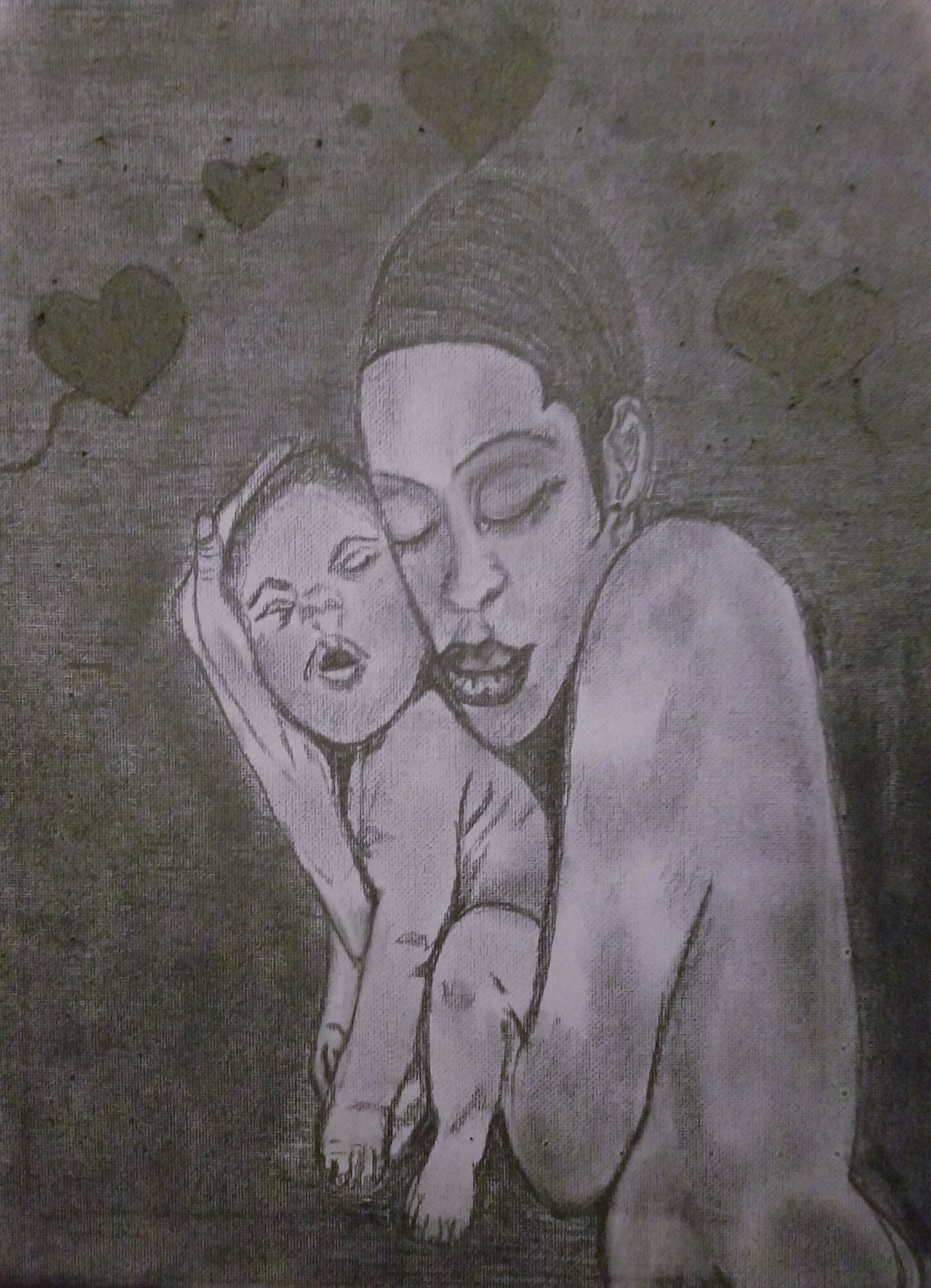 Two women with closed eyes, one resting her head on the other's shoulder, surrounded by heart shapes.
