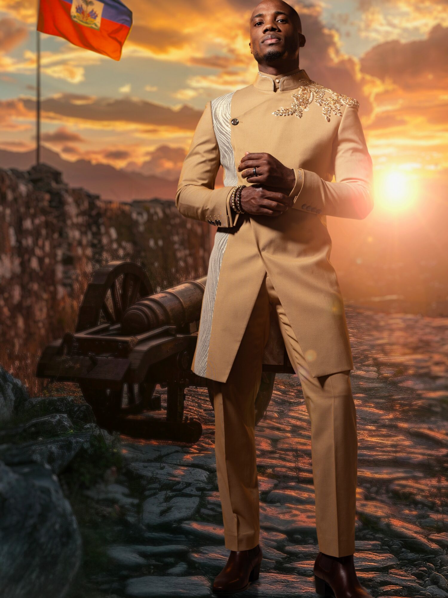 Man in traditional attire standing outdoors near a cannon at sunset, with a flag in the background.