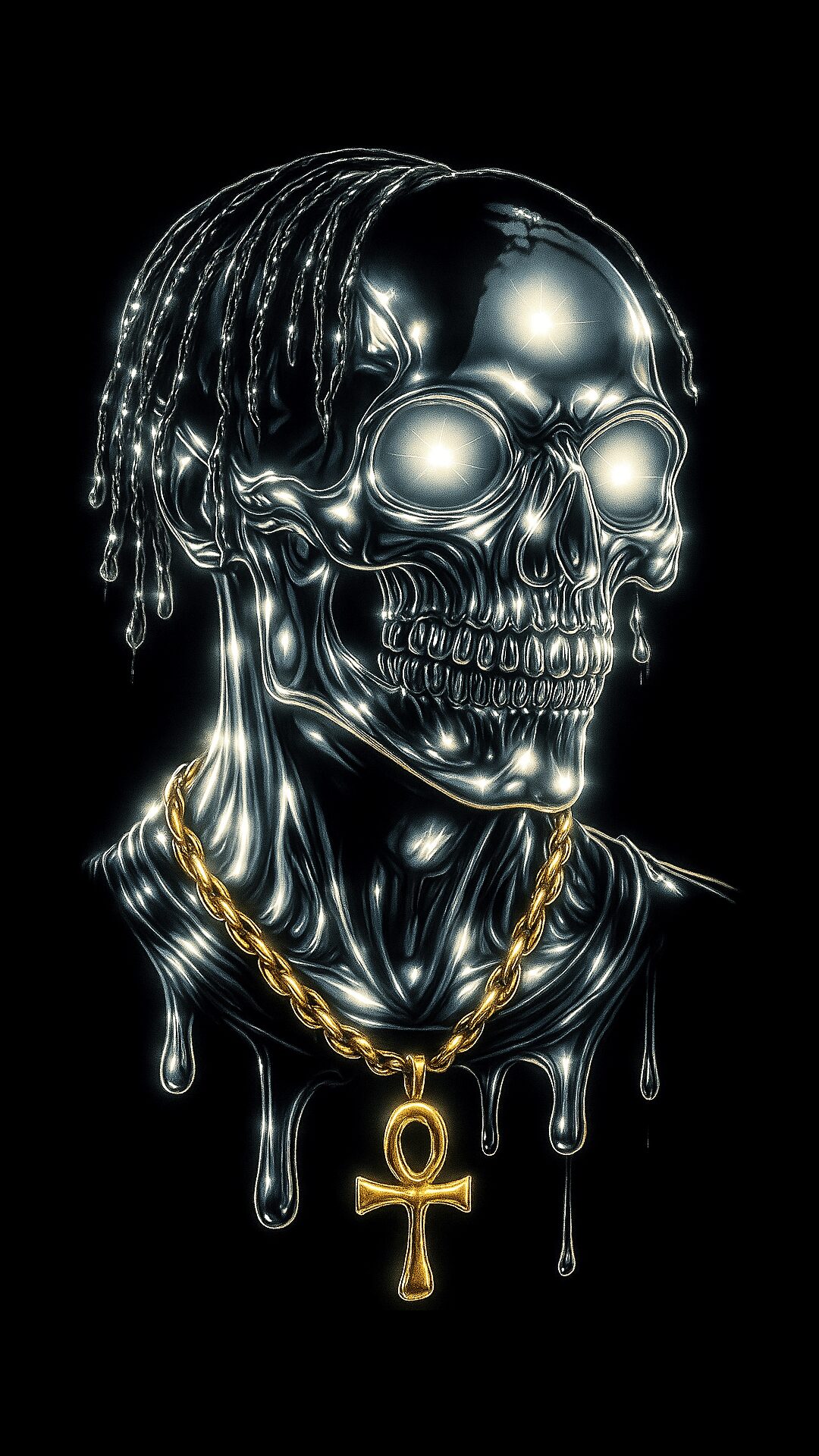 Glowing metallic skull with dreadlocks and a gold ankh necklace against a black background.