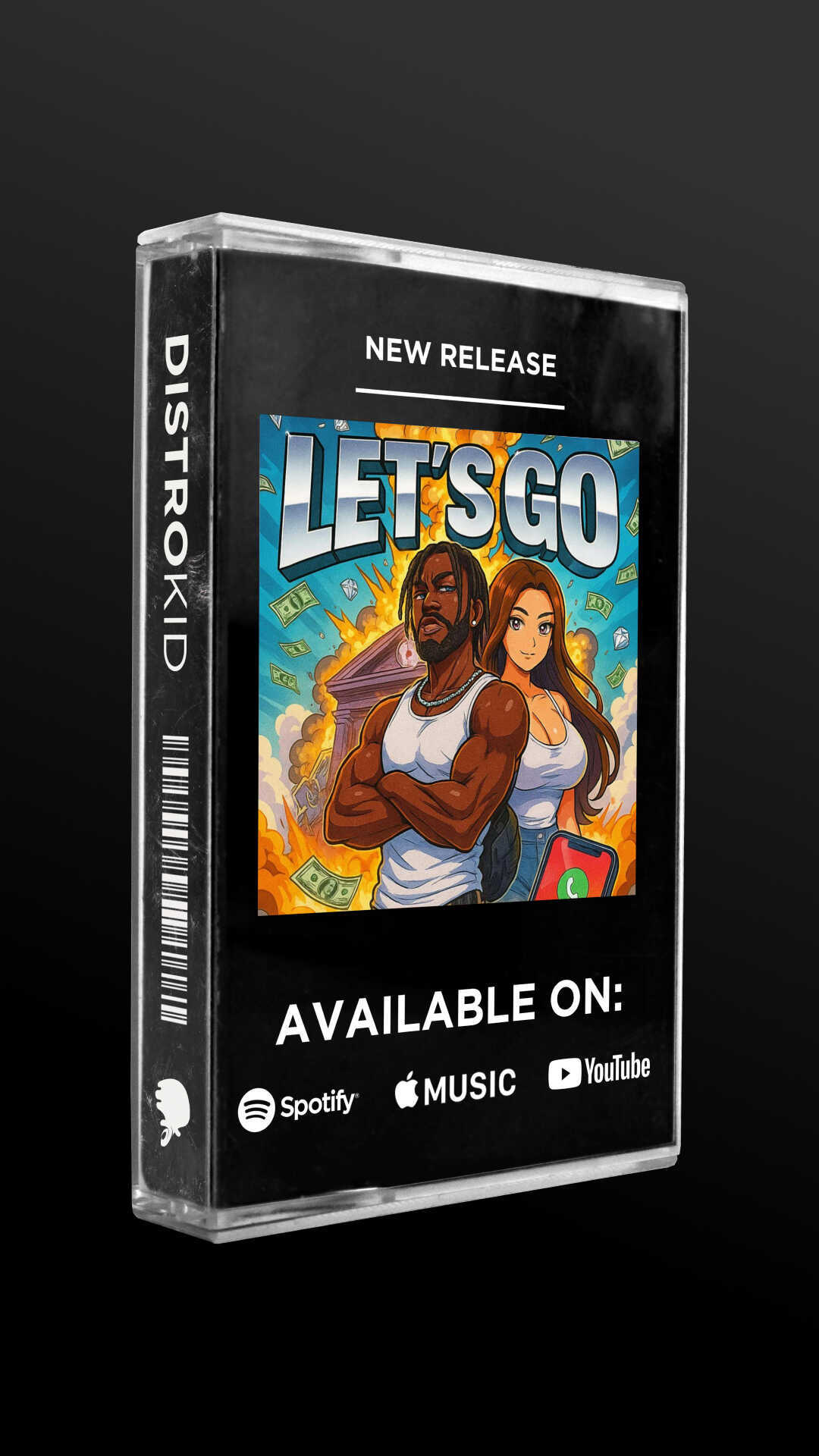 Promotional display for a game titled 'Let's Go' featuring a woman with crossed arms and a colorful background.