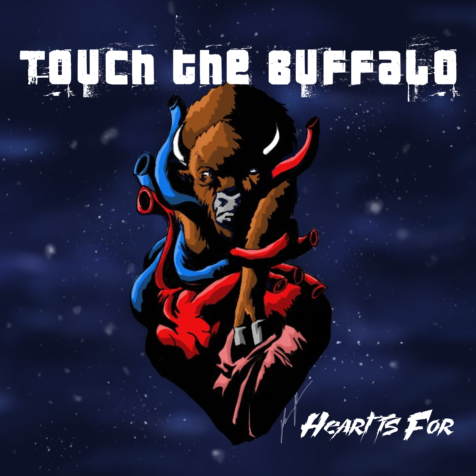 A buffalo with scissors and red ribbons, with text 'Touch the Buffalo' and 'Hearts for' on a starry background.