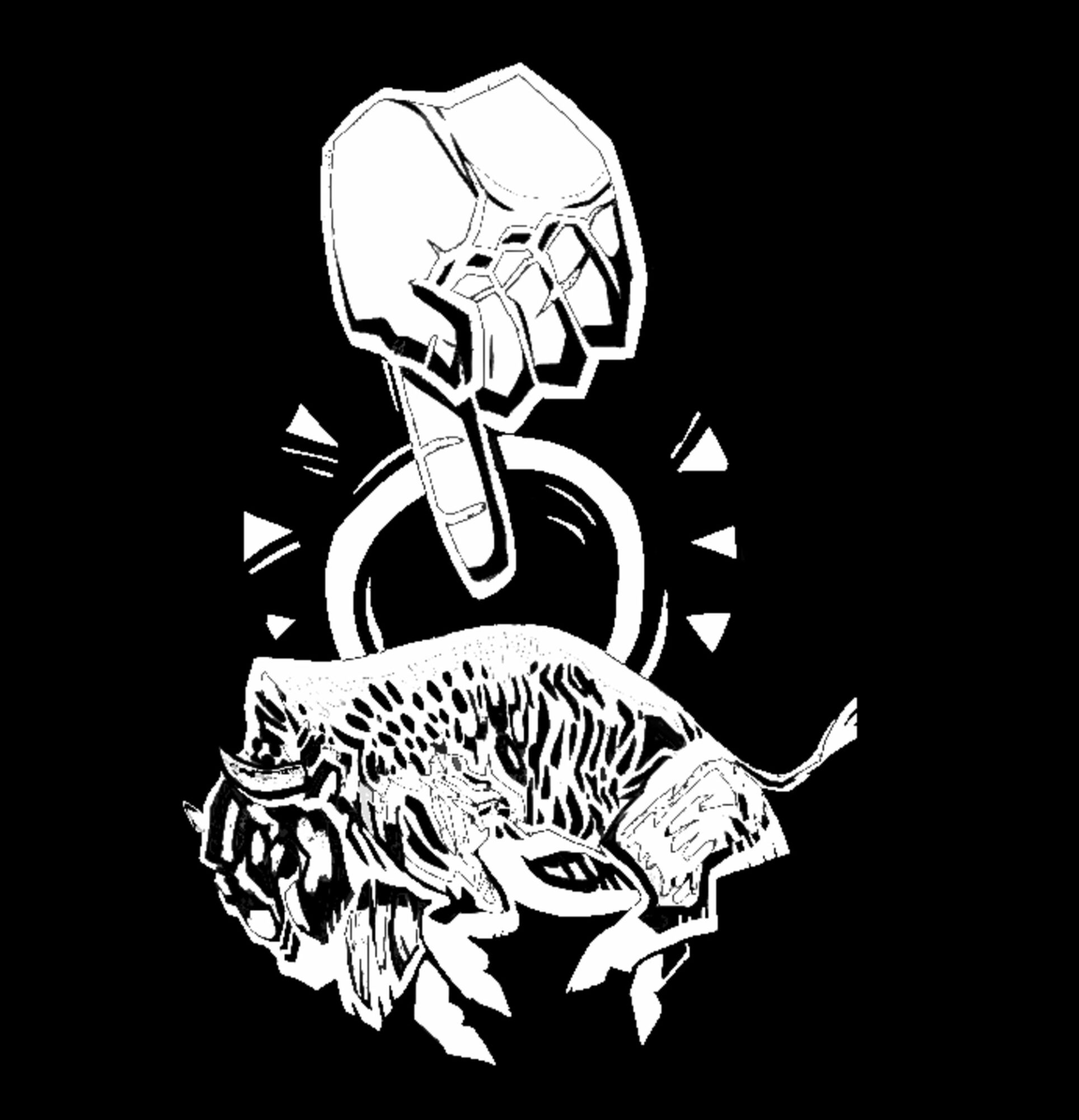 A skull, a ring, and a tiger illustration in black and white with bold lines.