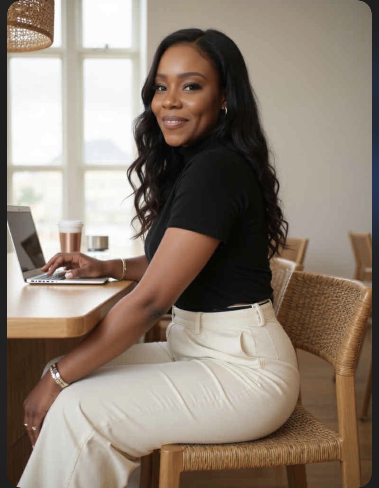 Woman sitting at a table with a laptop, smiling, in a room with large window and natural light.